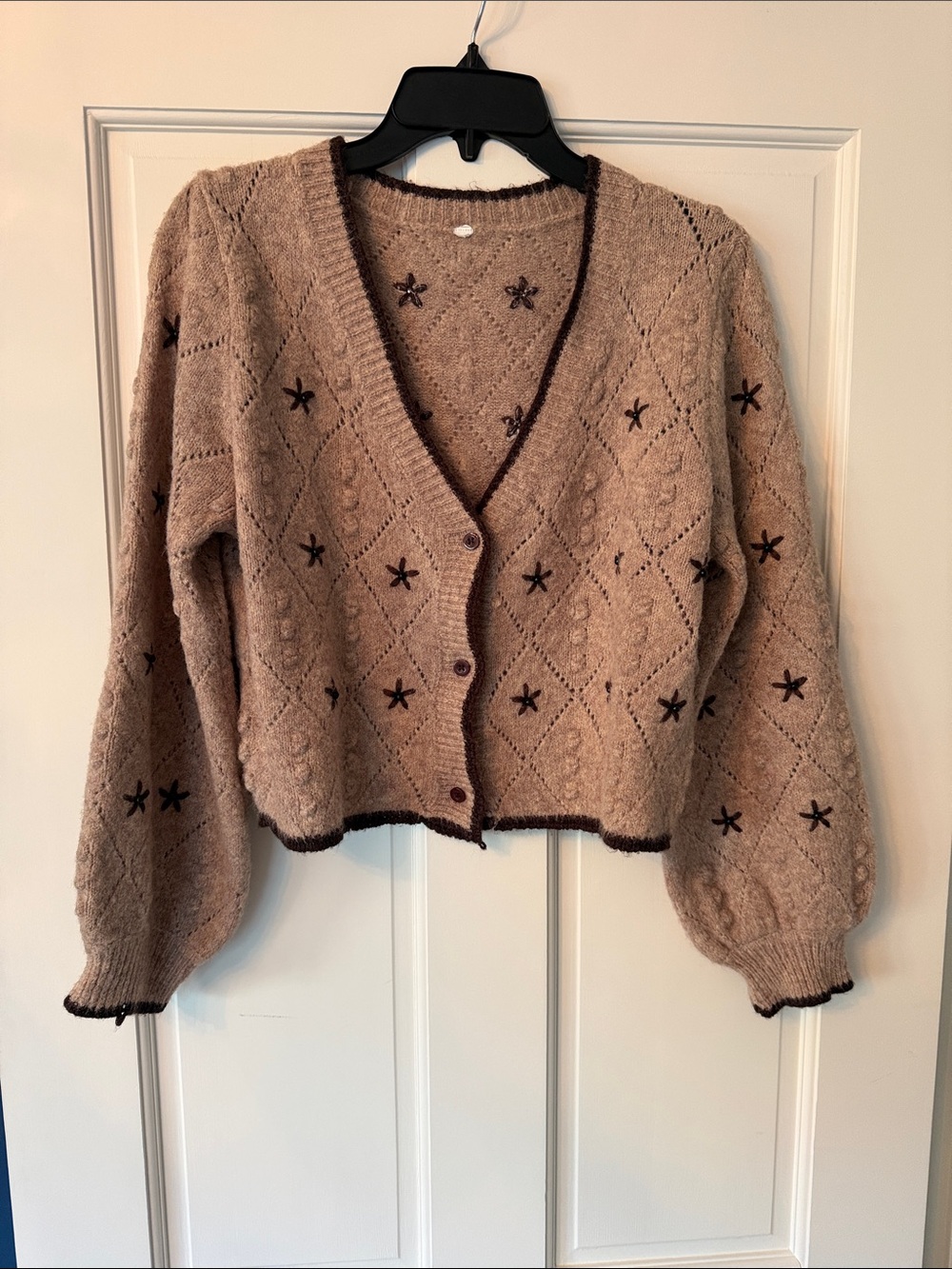 Cozy Beige Embroidered V-Neck Cropped Cardigan Sweater
